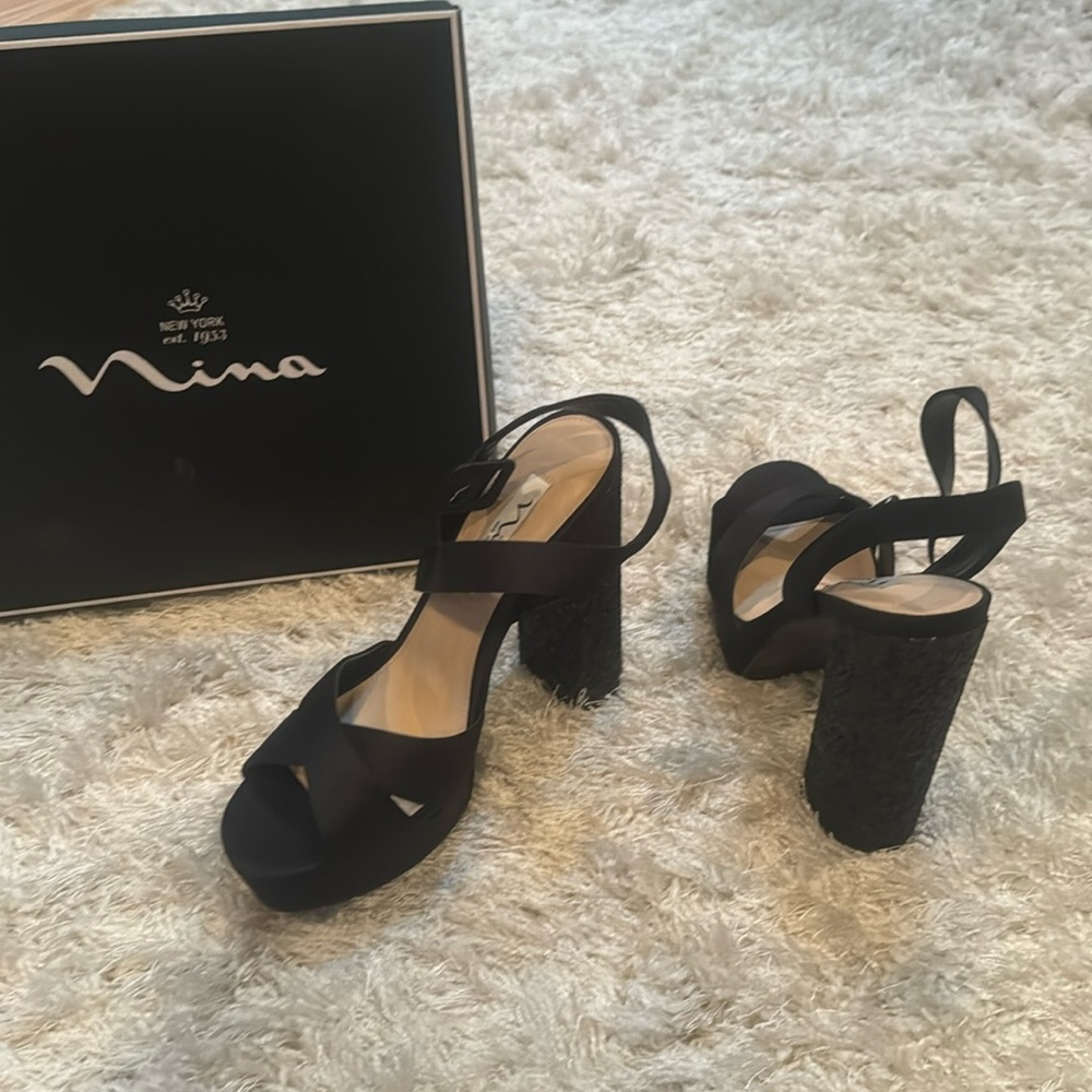 Nina brand new never worn black satin with chunky glitter platform heel